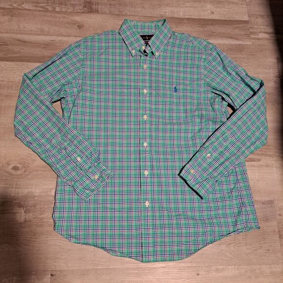 Polo Ralph Lauren Button Down Long Sleeve Stretch Mens Large Green Pink Plaid - Picture 1 of 8